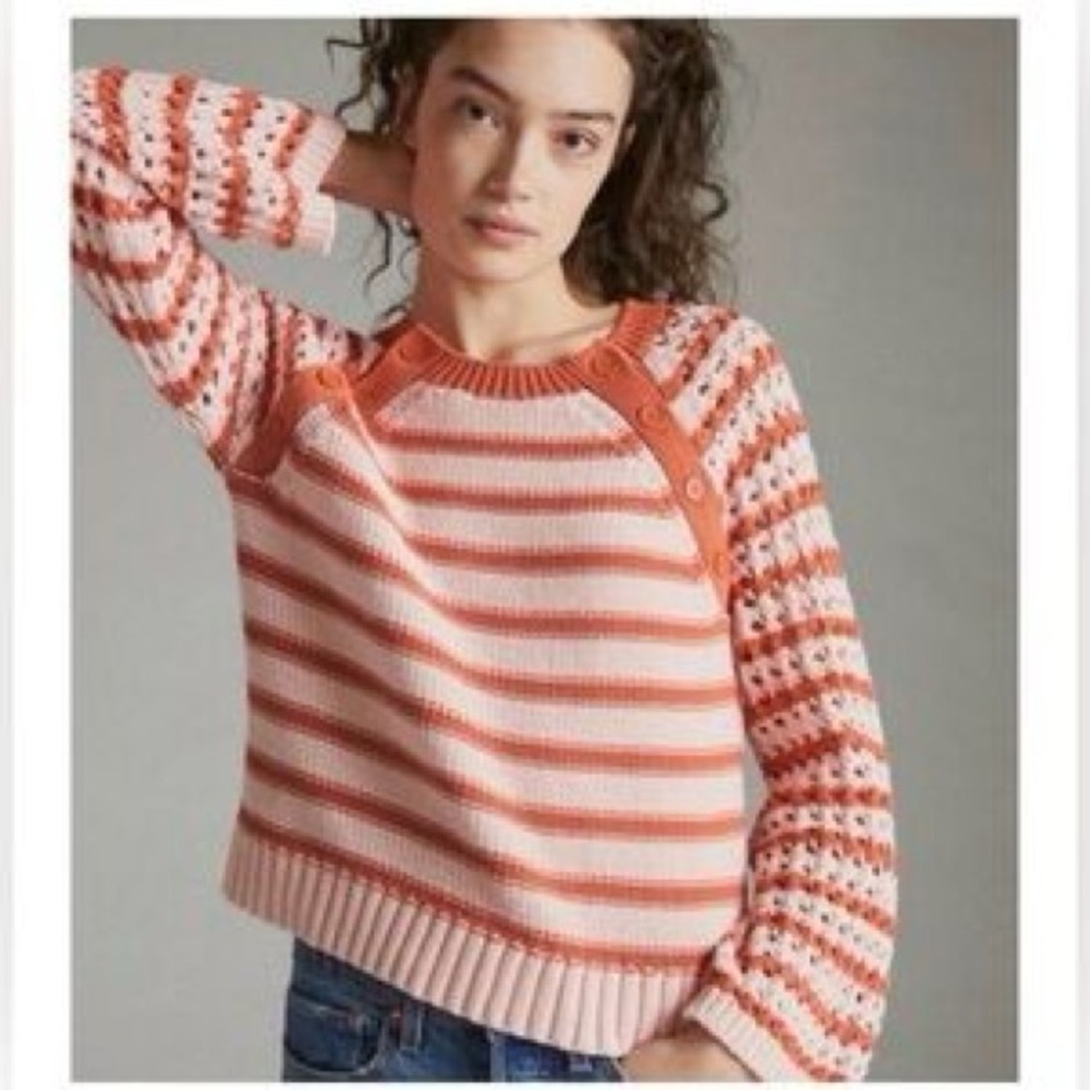 Anthropologie Maeve Eva Crochet-Sleeve Sweater Peach and Cream